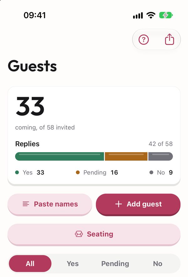 The guest list with replies coming in, pending and declined