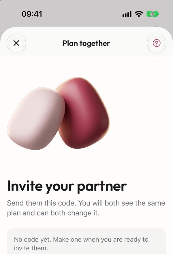 The screen for inviting your partner with a code