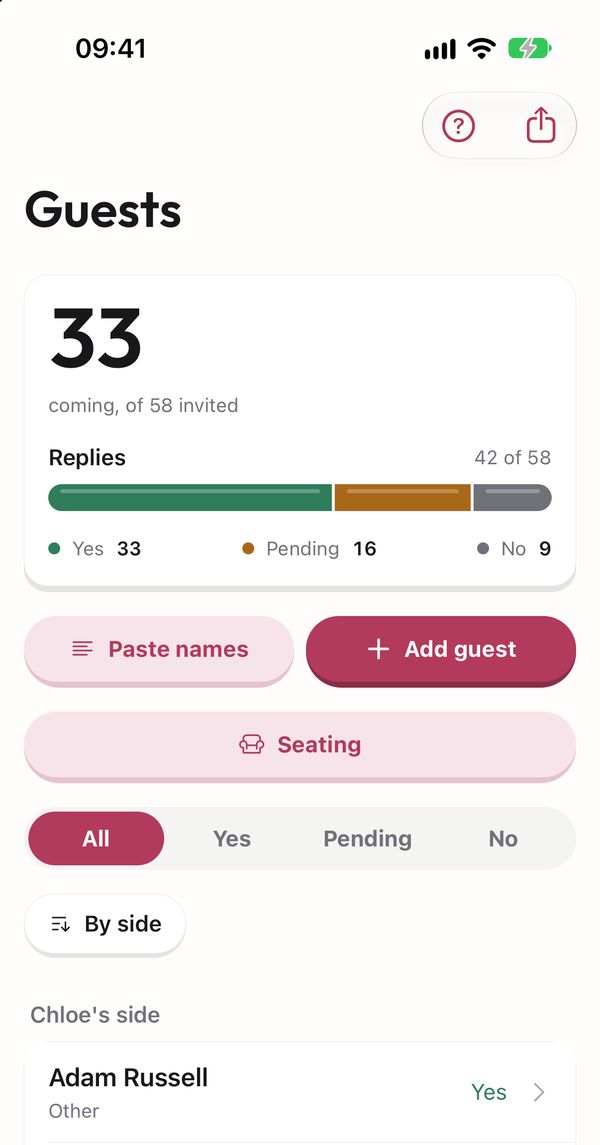 The guest list in Yes, I Do: replies, plus-ones and dietary notes in one place