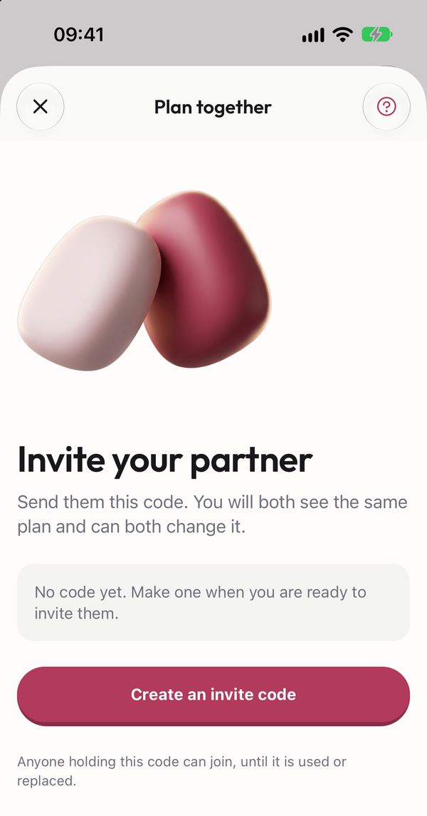 Plan together in Yes, I Do: share a code and you are both on the same plan