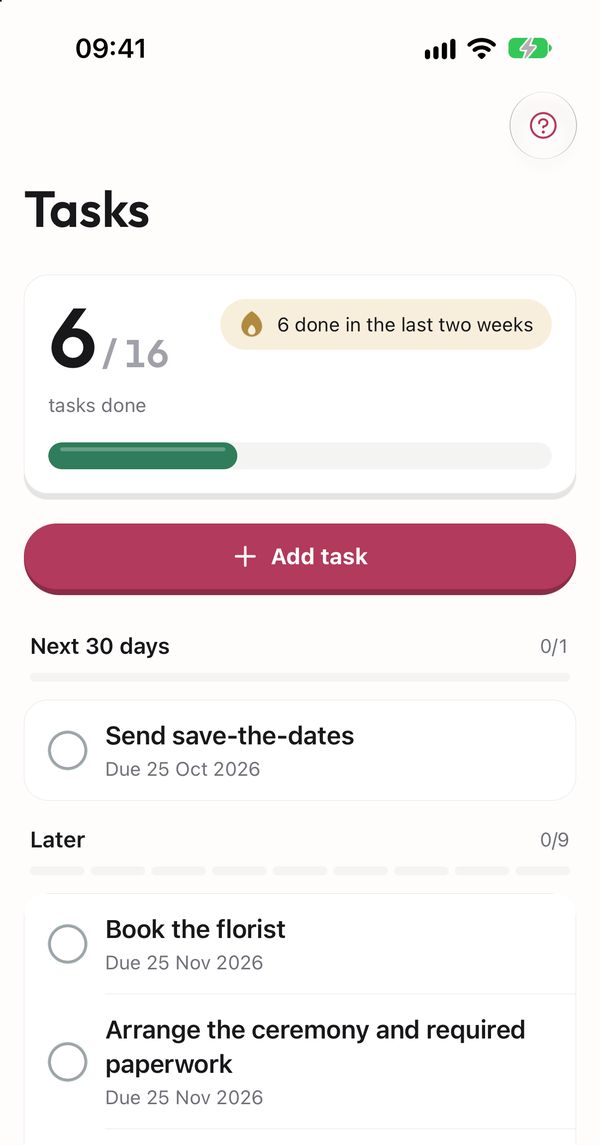 The checklist in Yes, I Do: what is due in the next 30 days, then everything later