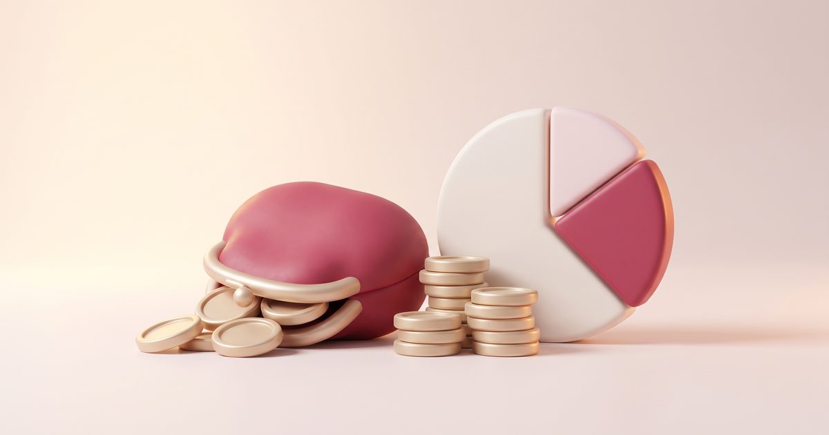 A rose coin purse with gold coins beside a clay pie chart