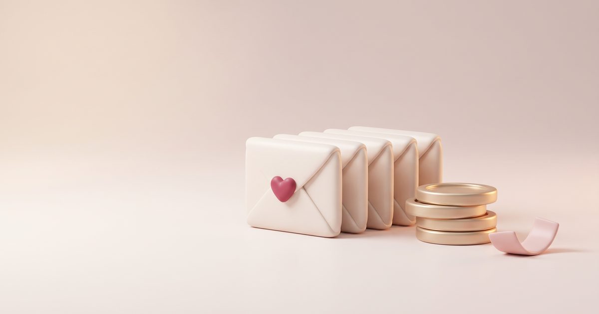 A row of cream envelopes, the front one sealed with a rose heart, beside a stack of gold coins and a blush ribbon