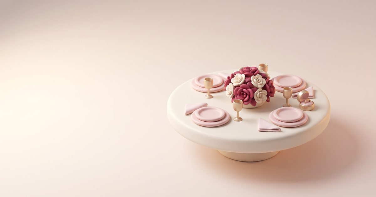 A small round cream table set for a few guests, with blush plates, gold goblets and a low posy of rose flowers