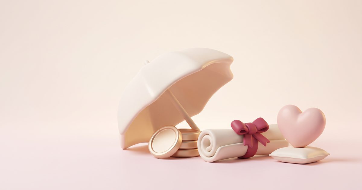 A cream umbrella sheltering a stack of gold coins beside a rolled contract and a blush heart