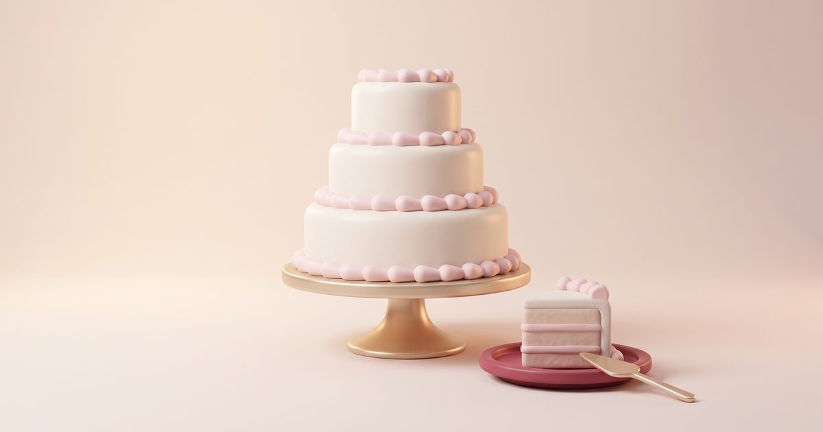 A three tier cream cake on a gold stand beside one slice on a rose plate and a small gold server