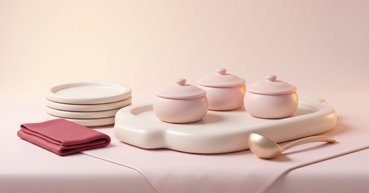 A cream serving platter with covered blush dishes and a gold ladle beside a stack of cream plates and a rose napkin