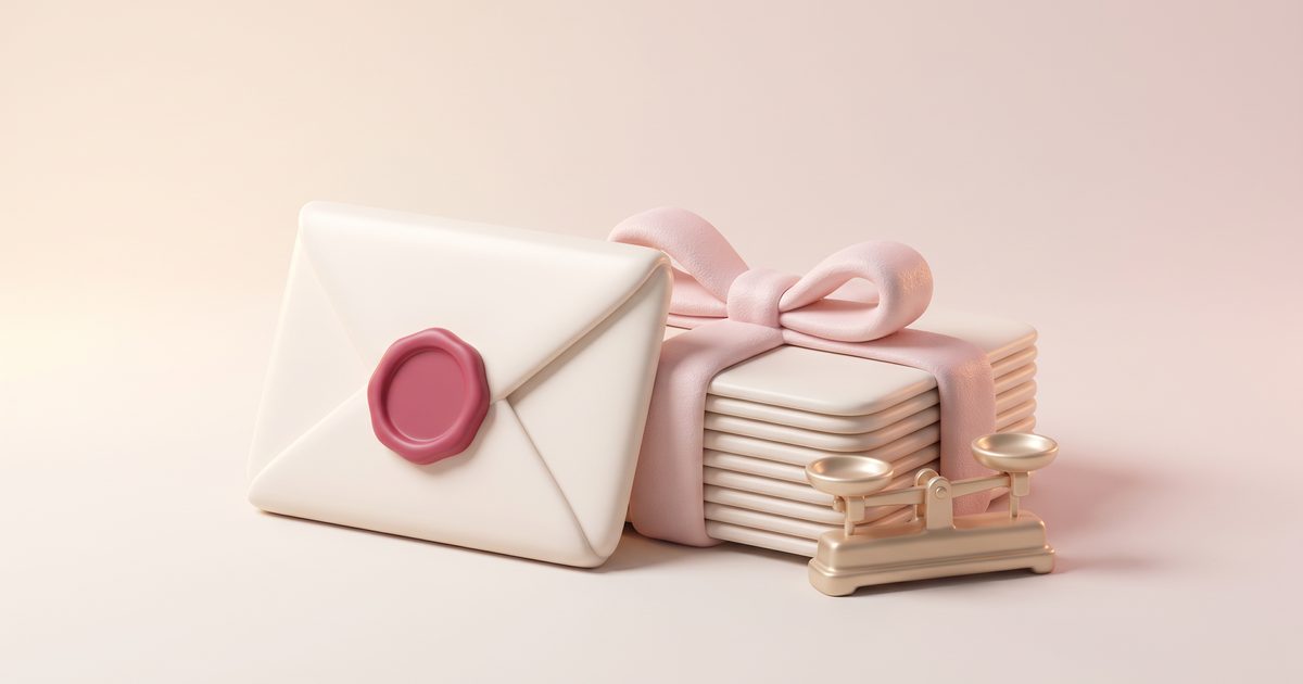 A stack of cream invitation cards tied with a blush ribbon beside a sealed envelope and a small gold scale