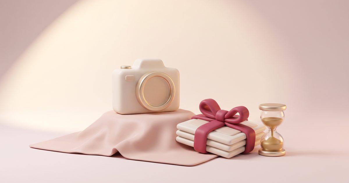 A cream camera with a gold lens ring beside a small stack of prints tied with a rose ribbon and a gold hourglass