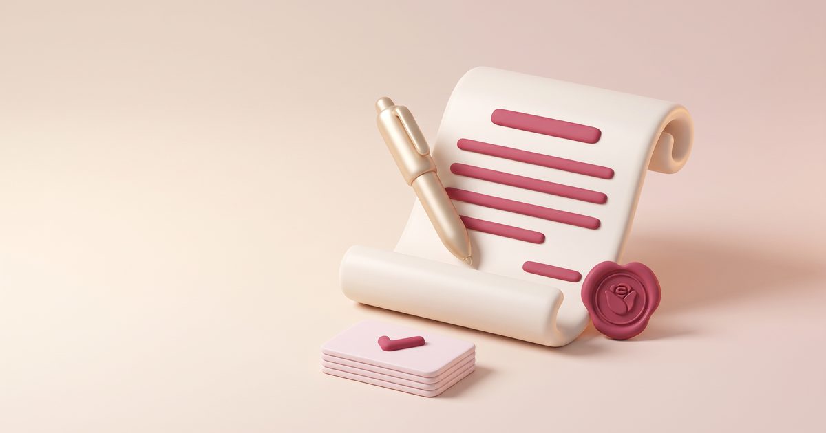 A cream contract scroll with rose lines on it, a gold pen, a rose wax seal and a small stack of cards with a check mark
