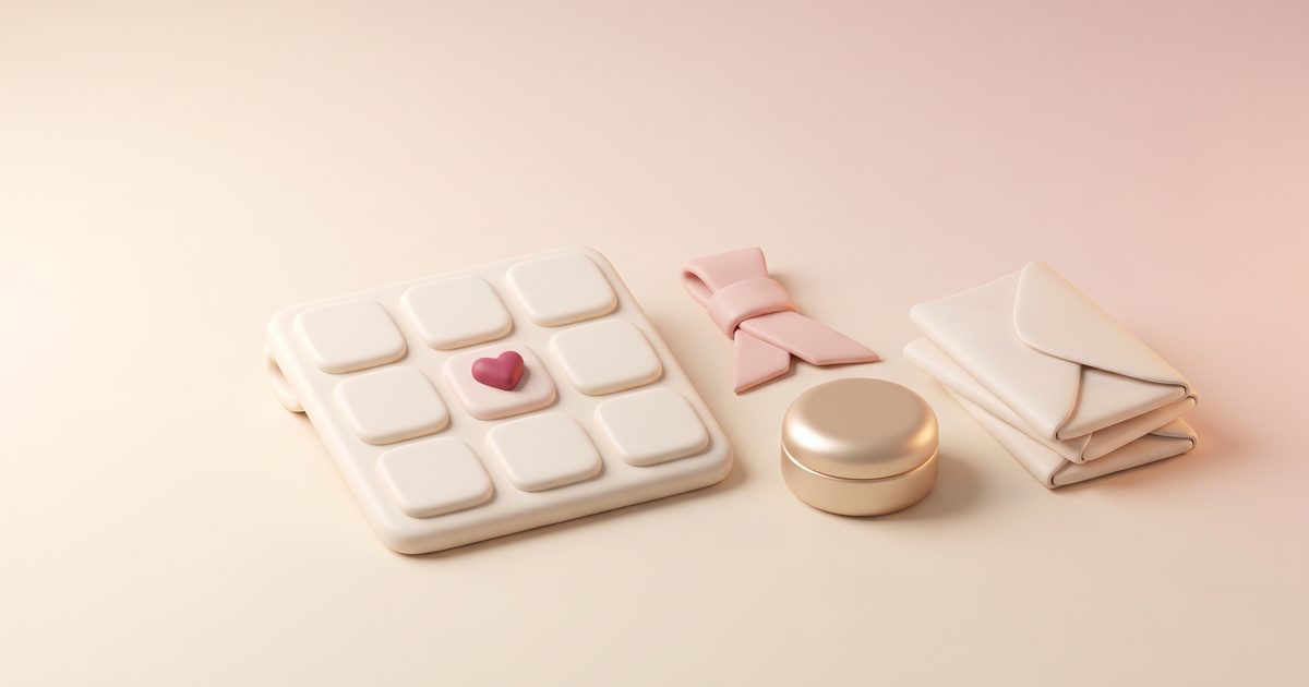 An open cream weekly planner with one day marked by a rose heart, beside a gold ring box and cream envelopes