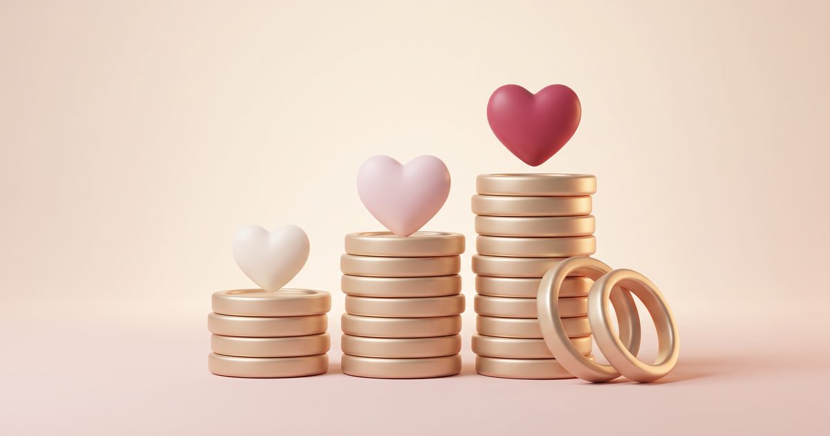 Three stacks of gold coins of different heights, each topped with a clay heart
